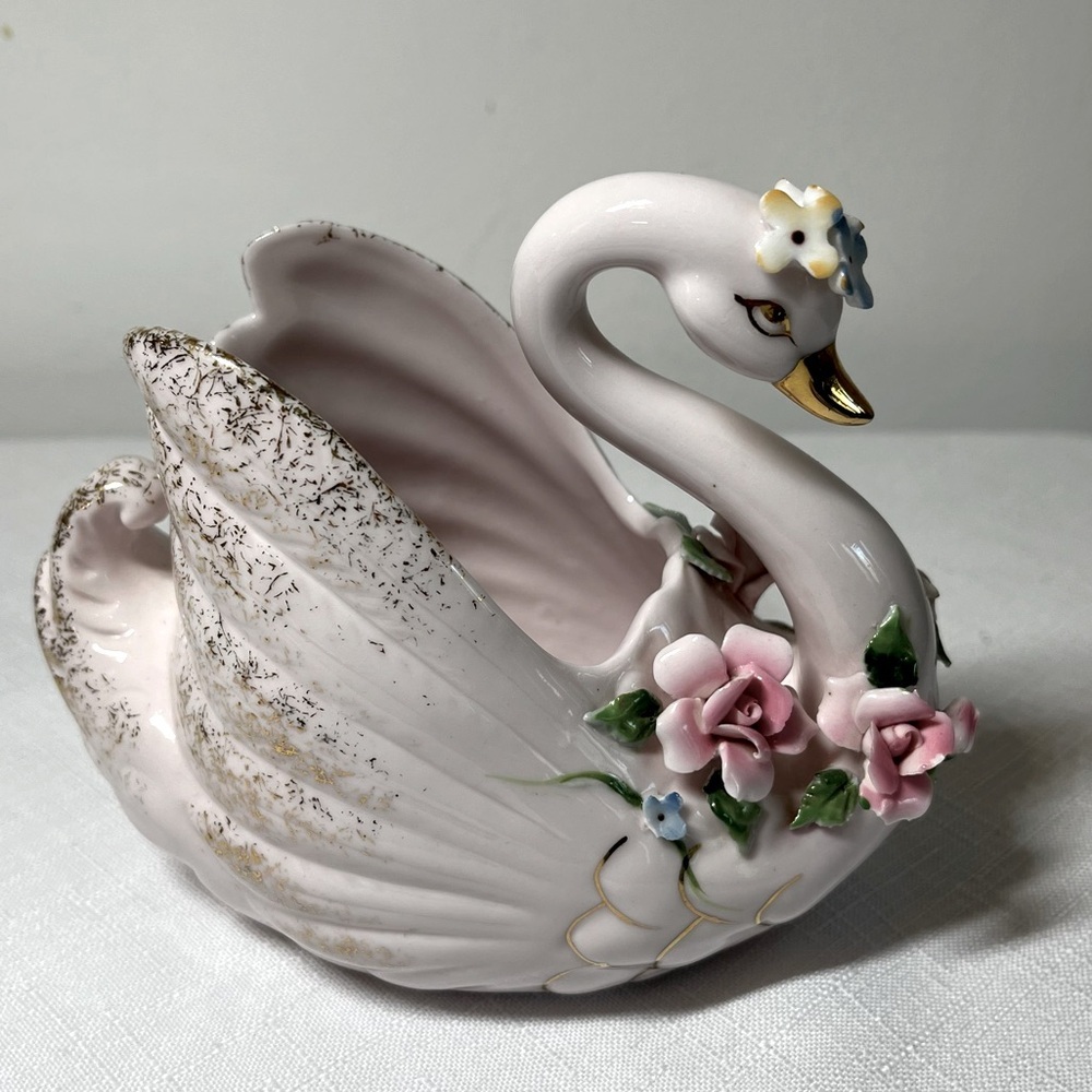 VINTAGE Swan Ceramic Figurine with Floral Accents. Made in JAPAN. Trinkets.